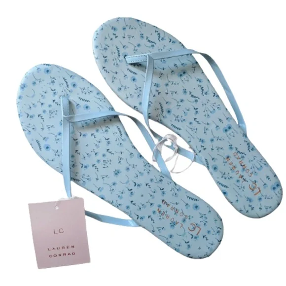 LC LAUREN CONRAD Sandals Flip Flops Blue Floral Summer Bohemian Size 10 - Picture 1 of 5